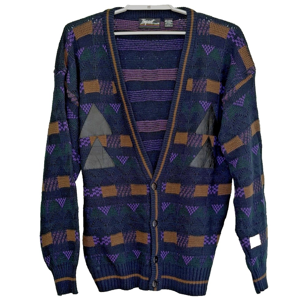 Vintage Impact Geometric Knit Cardigan Sweater Men's Size XL 80s 90s Multicolor
